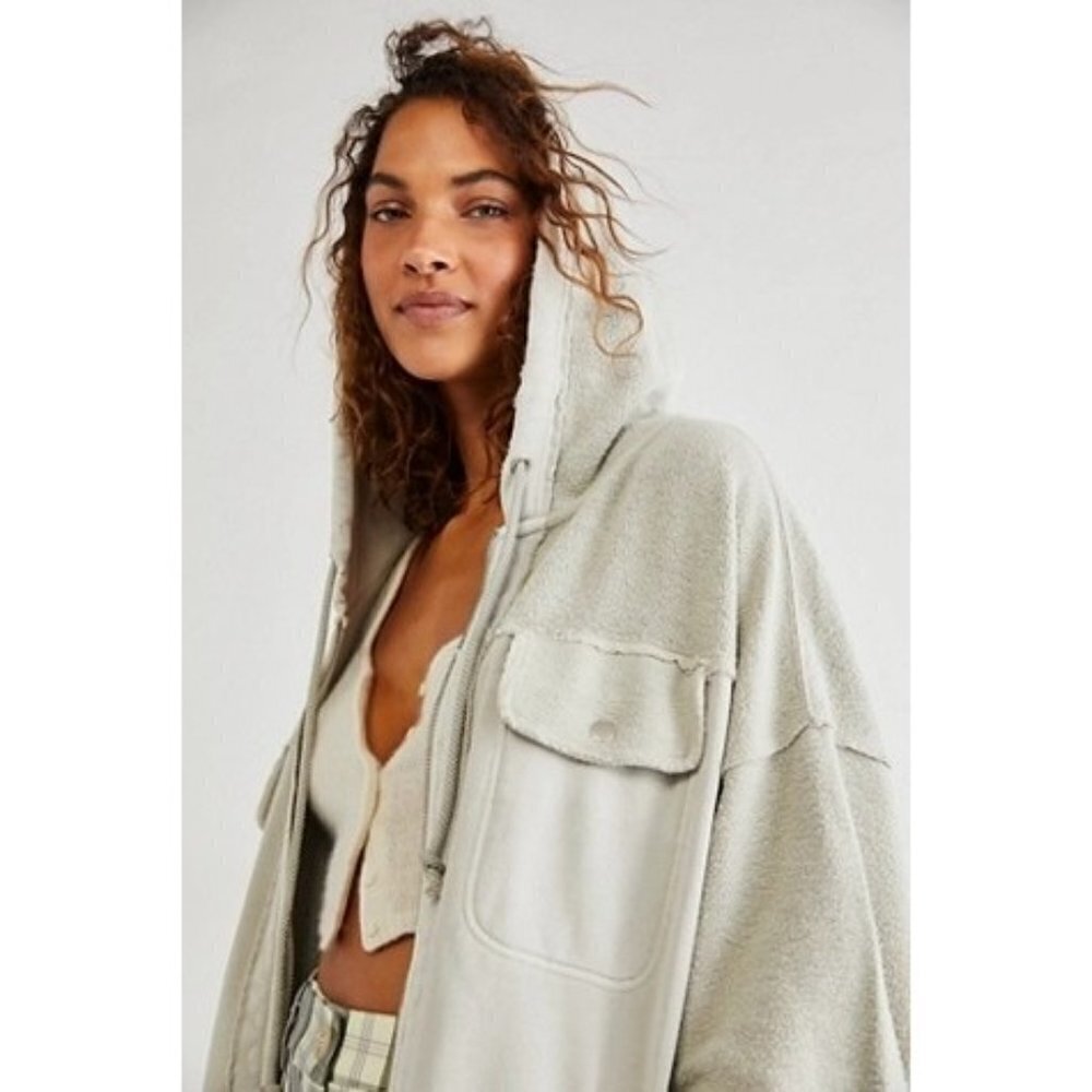 Free People Britney Cardi Jacket Hooded Sweatshirt Zip Front Oatmeal Size M NWT